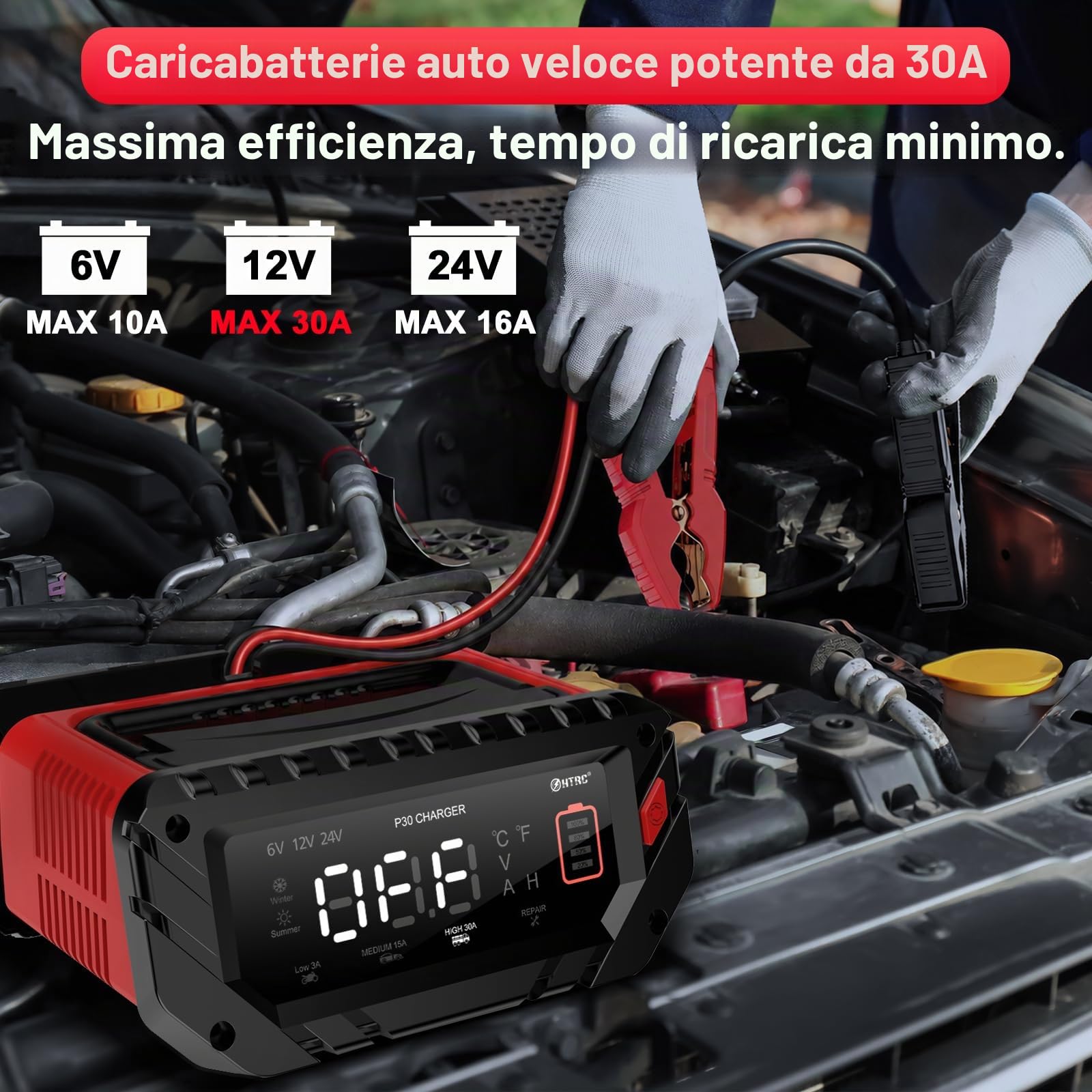 HTRC 6V/12V/24V 30A Carica Batterie per Auto – per LiFePO4 e Piombo Acido | Caricabatteria Intelligente per Auto, Moto e Camper. Mantenitore, Compensazione Temperatura, LiFePO4, AGM, EFB e Piombo Acido