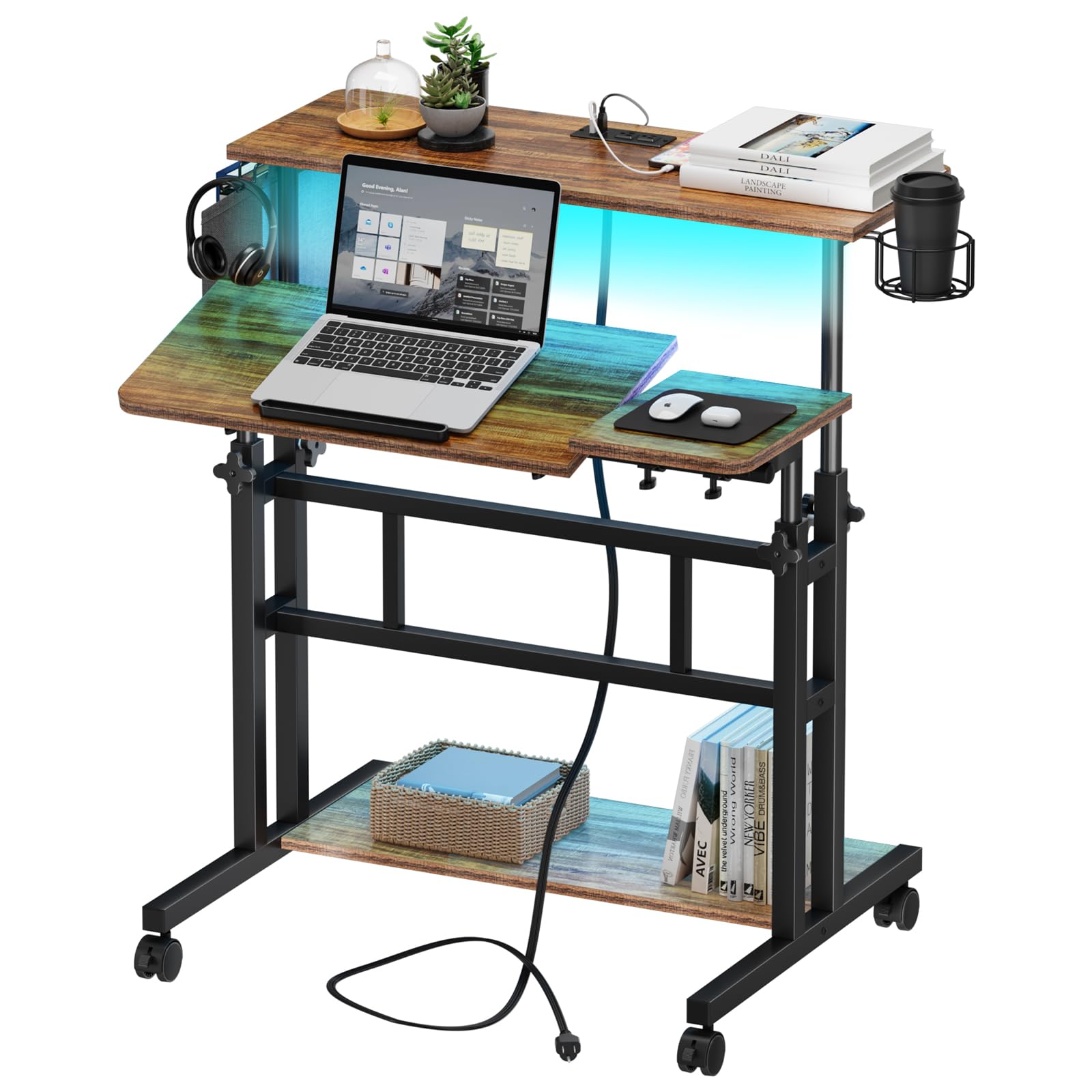 Dripex Stehpult Höhenverstellbar mit Steckdosen, Sitz-Steh Schreibtisch mit Rollen, LED Stehtisch mit neigbar Tischplatte, 80x60cm Laptoptisch Workstation für Zuhause und Büro, Vintage Braun