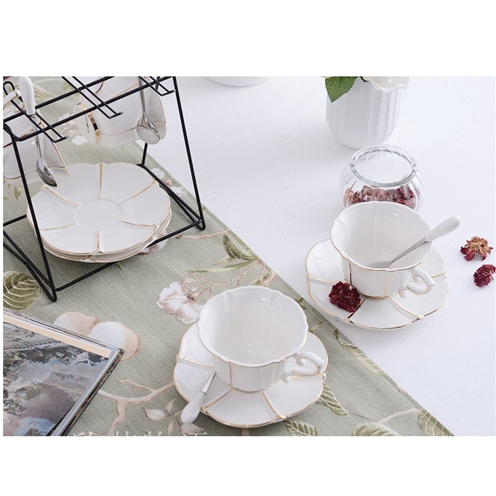 kubki do kawy Sześcioodporna ceramiczna w kształcie kwiatów i spodek (7 uncji) filiżanka kawy z uchwytem na kubek/zestaw białych filiżanki/angielski kubek kawy/zestaw herbaty porcelanowej filiża
