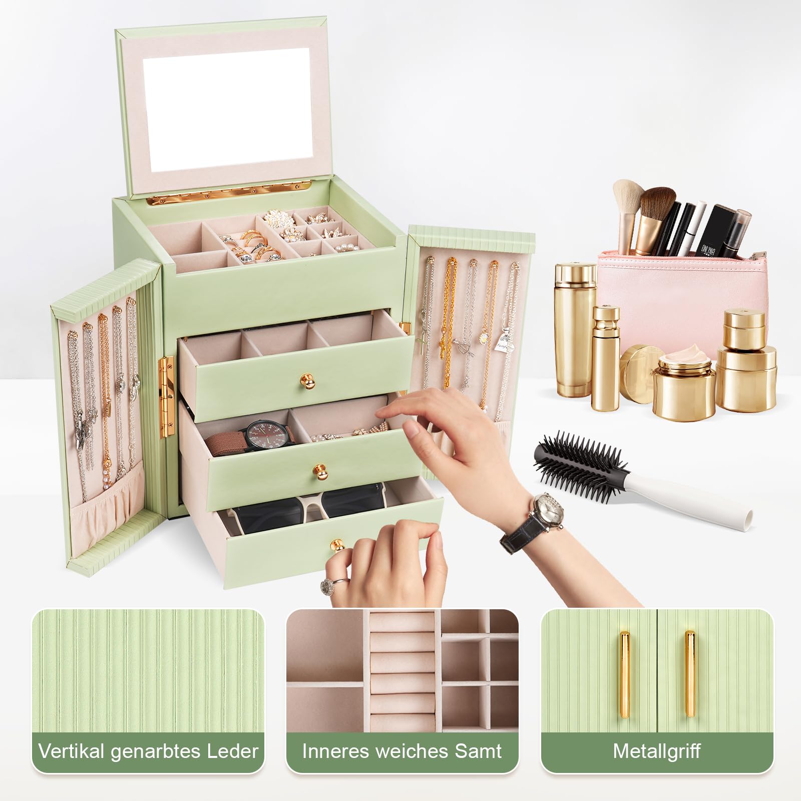Dajasan Portagioie Grande Con Specchio E Cassetti - Organizer Per Gioielli In Legno Verde Avocado, Scatola Regalo Per Compleanno E Feste - 3