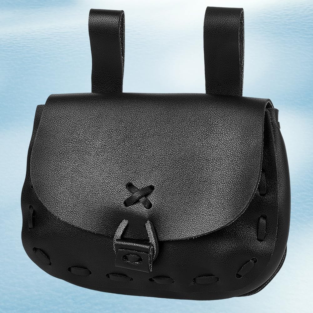 PU Leather Medieval Waist Bag Vintage Belt Pouch Handmade Portable Black Renaissance Side Pack for Women Men SCA Renaissance LARP Reenactment & Ren Fair Halloween Costume Accessories - Image 6