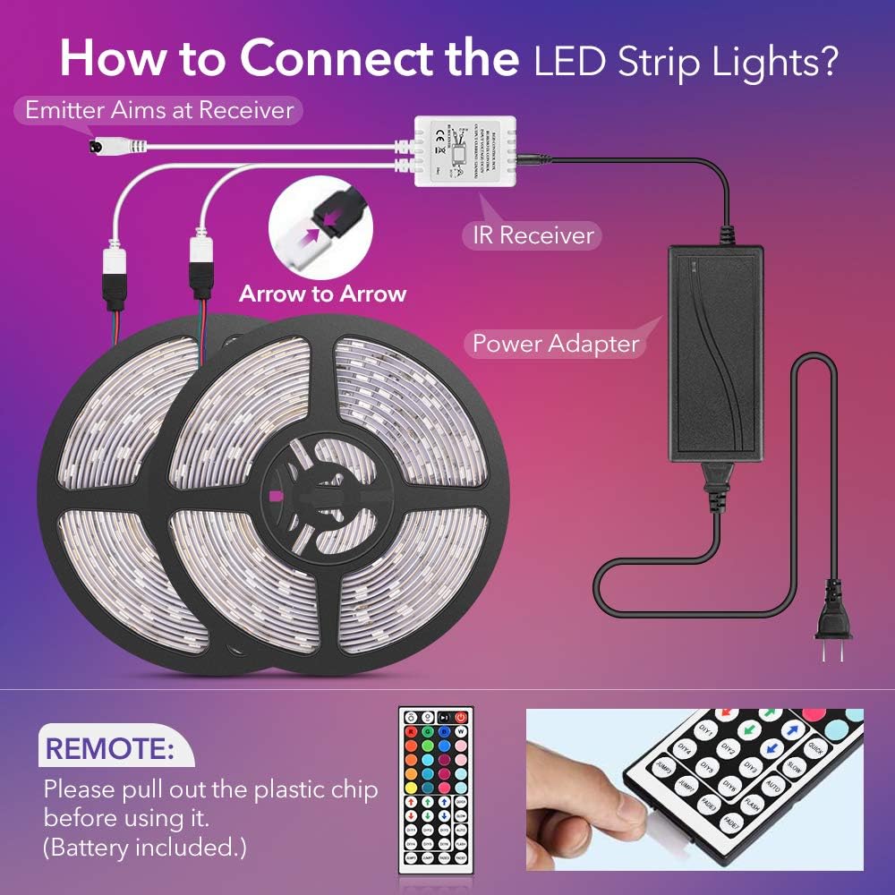 LED Strip Lights, 32.8ft RGB Color Changing LED Strip Lights for Bedroom, DIY Custom Settings Flexible LED Tape Lights with 44-key Remote Controller, LED Strip Lights Kit for Home decoration, kitchen