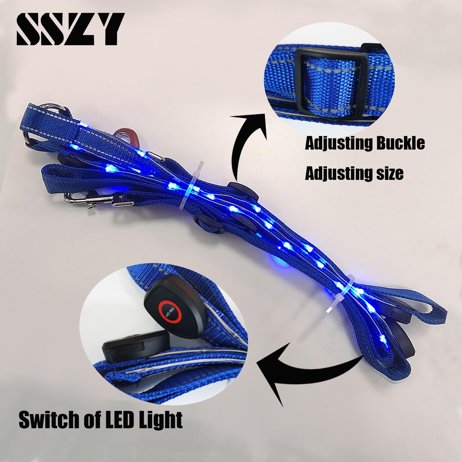 SSZYace Pettorale regolabile a LED per cavallo, in nylon, con luce lampeggiante notturna, equipaggiamento di sicurezza equestre con 3 modalità di illuminazione e ricaricabile tramite USB (blu)