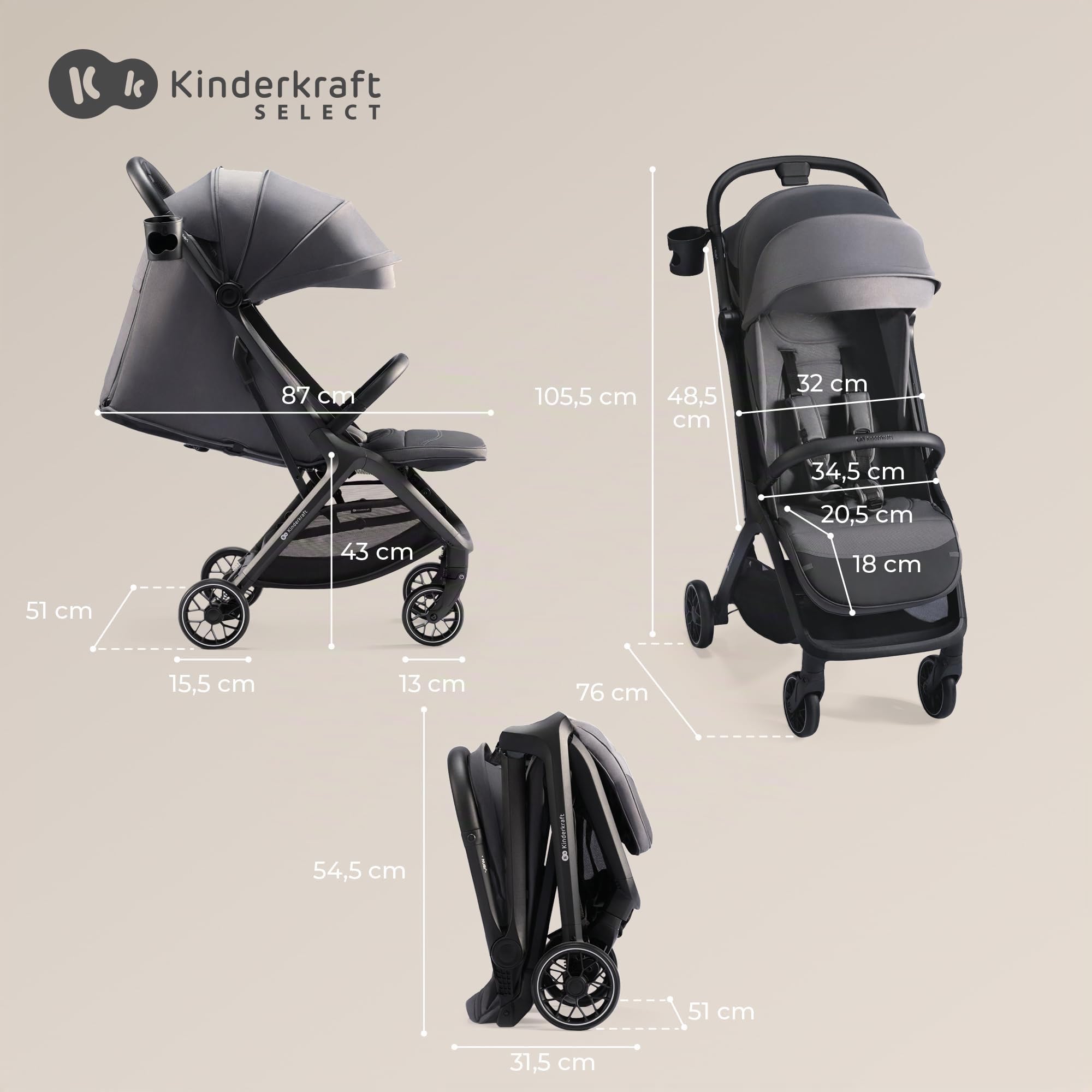 Kinderkraft NUBI 2 Poussette légère, jusqu'à 22 kg, poussette pliable automatique, capote imperméable avec filtre UPF50+, poids léger (8 kg), position allongée, ceintures de sécurité à 5 points, Gris