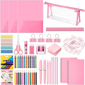 Watersay 48 Pcs School Stationary Set Essentials Bundle Include Folders Notebooks Rulers Scissors Pencils Pens and Much More Back to School Gifts for StudentsPink
