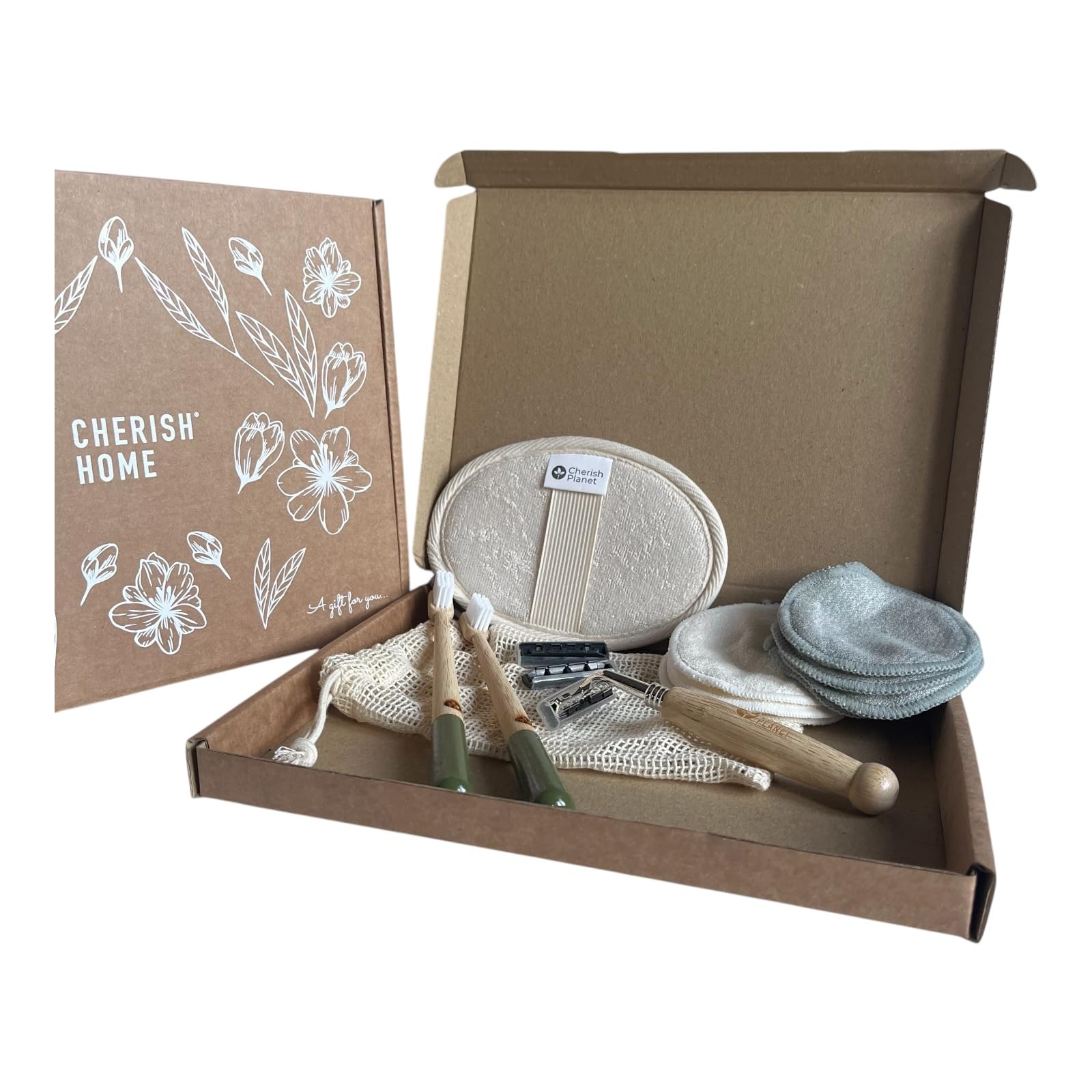 Cherish Home Self-Care Eco Swaps Gift Box, Reusable Beauty Care Set including Cotton Pads and Mesh Bag, Brown