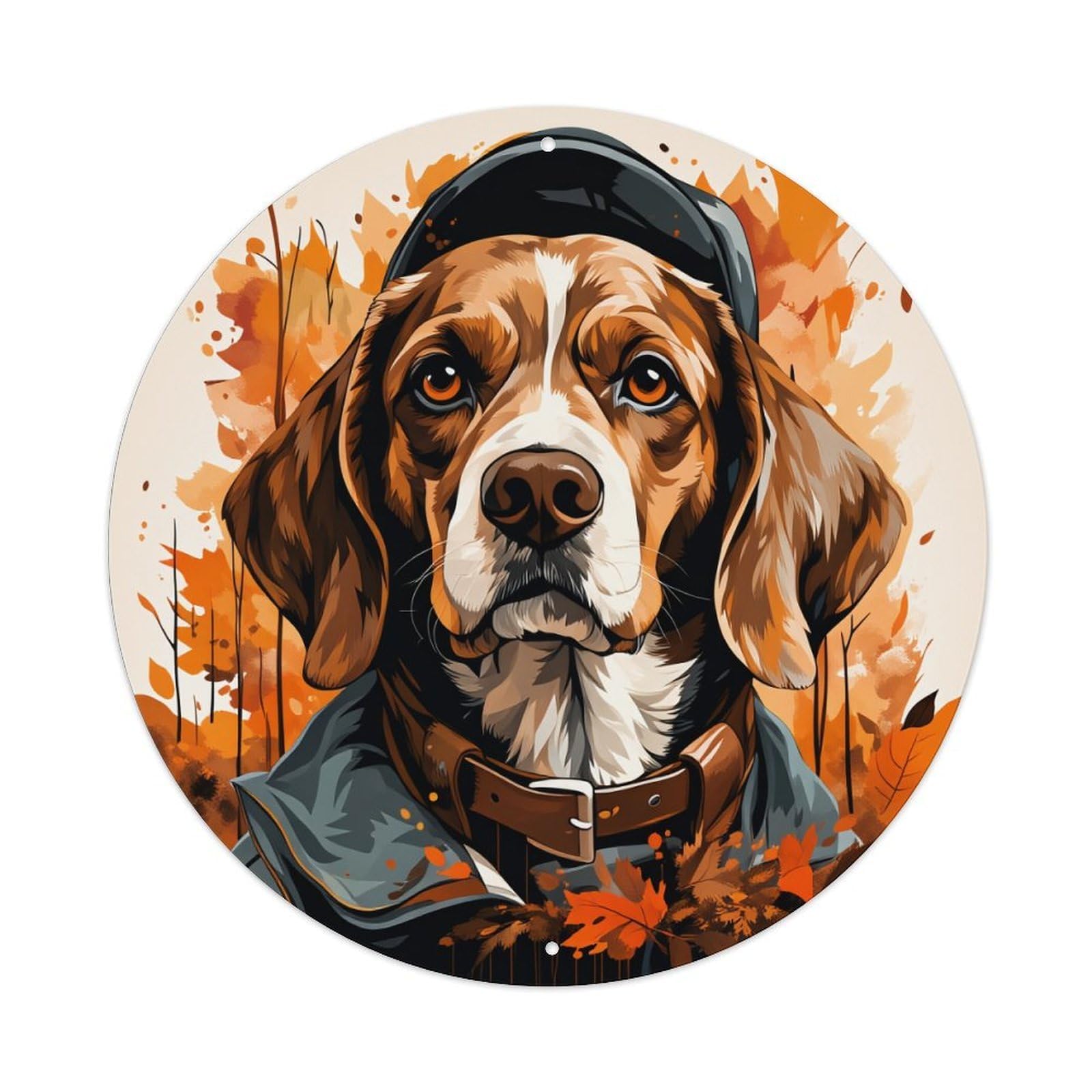 Dog Autumn Hat Leaves Forest Round Tin Sign Vintage Metal Sign Home Bar Garden Indoor & Outdoor Wall Decor Retro Metal Poster 8x8 Inch