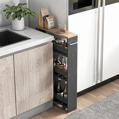 Miniatura 2 de LOKO Carrito de almacenamiento delgado, carrito rodante de 4 niveles con asa y parte superior de madera para cocina, baño, lavandería, sala