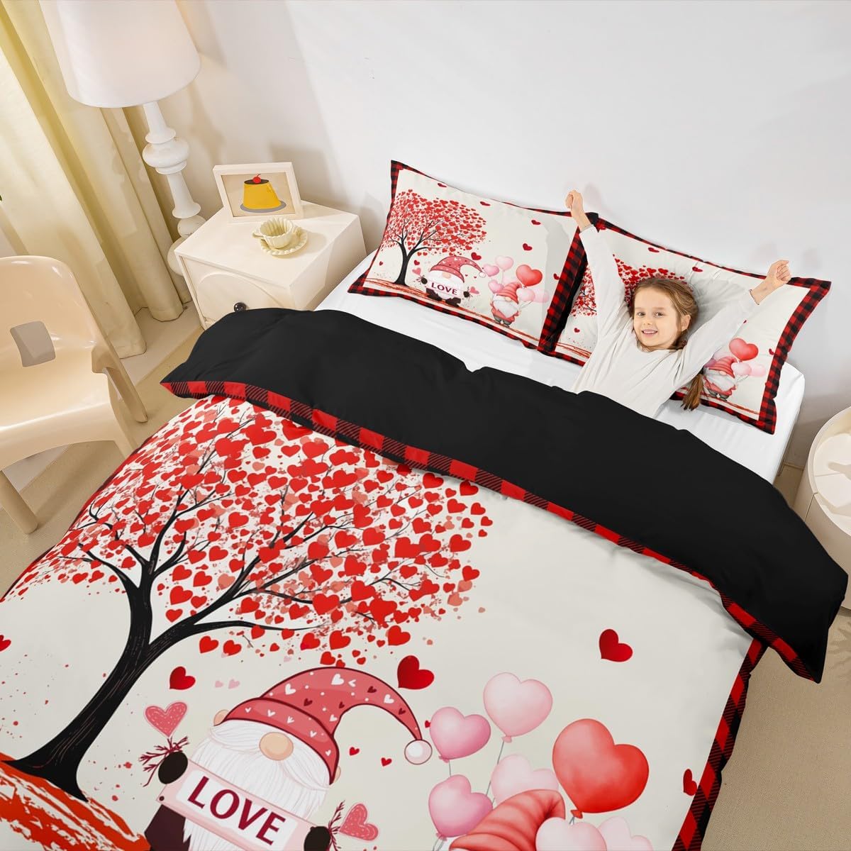 Romantic Duvet Cover King Valentines Day Bedding Set Cute Heart Tree Comforter Cover Black and Red Plaid Bed Sets Cute Valentines Gnome Bedding with Zipper Closure Rustic Farmhouse Anniversary Decor