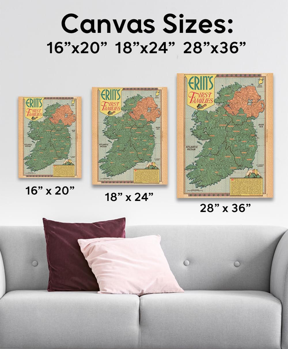 Erin’s First Families Ireland Lineage 1946 Vintage Genealogy Map Irish Heritage County Chart Retro Emerald Isle Wall Art 16x20 Stretched Canvas Ready to Hang for Home Library Study Office Classroom