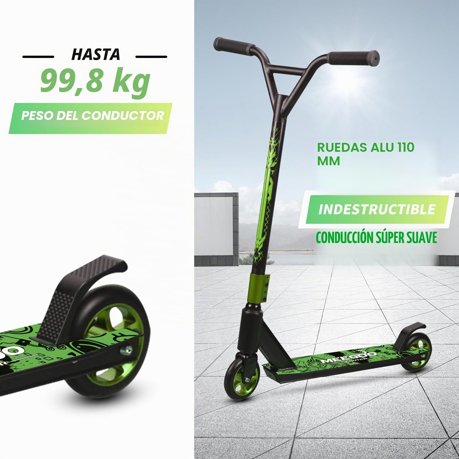 MEE GOO Patinete Pro Freestyle ABEC-10 de aleación ligera con rueda de aleación de aluminio, marco de hasta 100 kg para principiantes y avanzados, skatepark