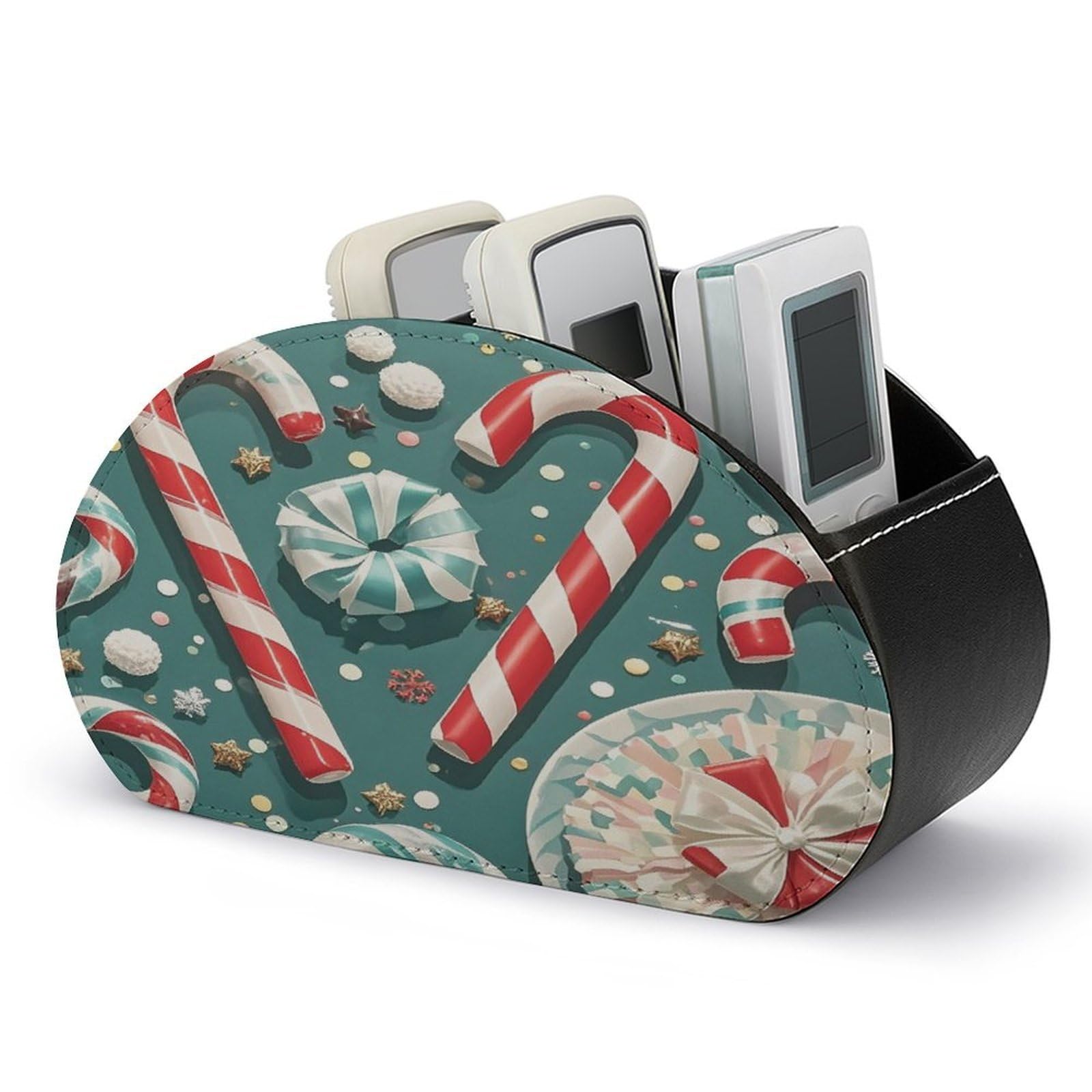 FekiLoot Christmas Candy Cane Remote Control Holder PU Leather Tabletop Organizer with 5 Compartments Storage Tray & Desktop Organizer for TV Remotes Glasses Pens