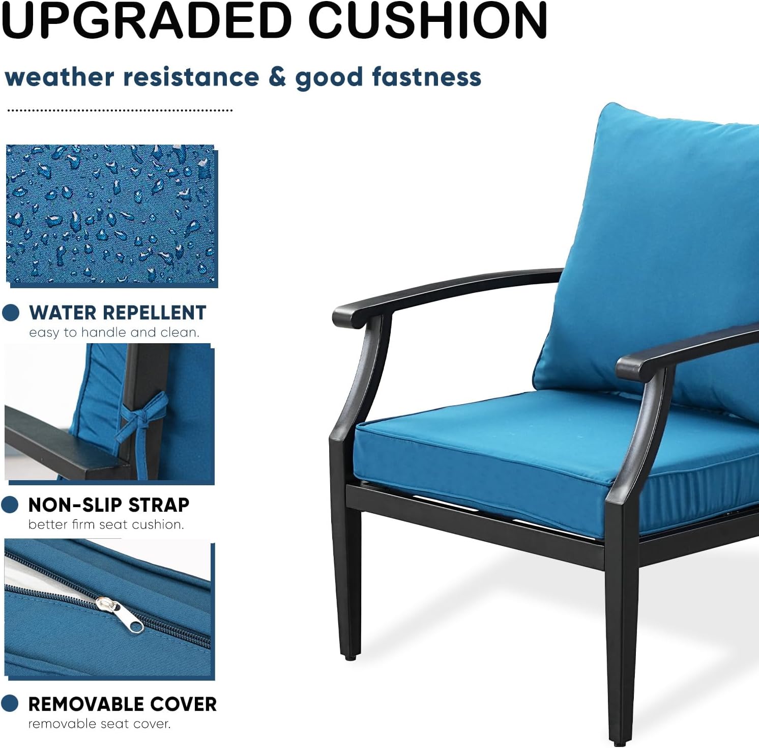 4 Piece Outdoor Patio Furniture Set, Oversized Metal Conversation Set with High Back & Deep Seating, Water-Repellent Cushions, Coffee Table for Porch, Deck, Backyard, Peacock