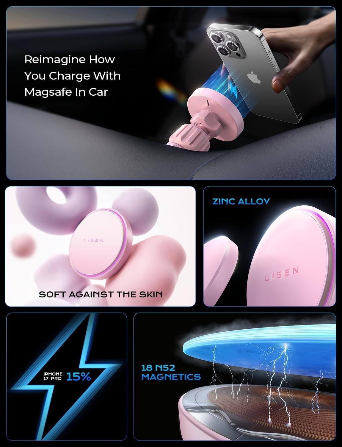 LISEN 15W MagSafe Car Mount Charger Phone 18,[Light Pink] Magnetic Wireless Car Charger, Dashboard & Air Vent Car Phone Holder Mount for iPhone 17-12, Samsung, Pixel, Cute Car Accessories for Women view 3