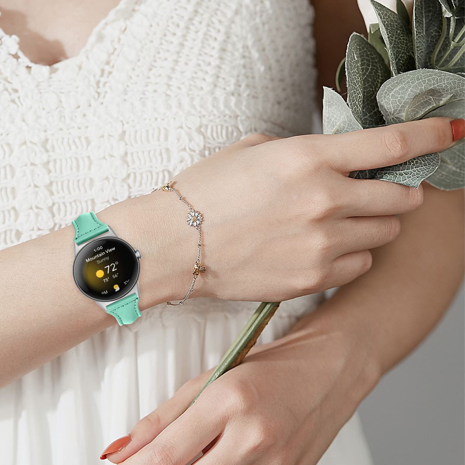 Bracelet de rechange fin en cuir véritable compatible avec Google Pixel Watch 2022 (abricot)