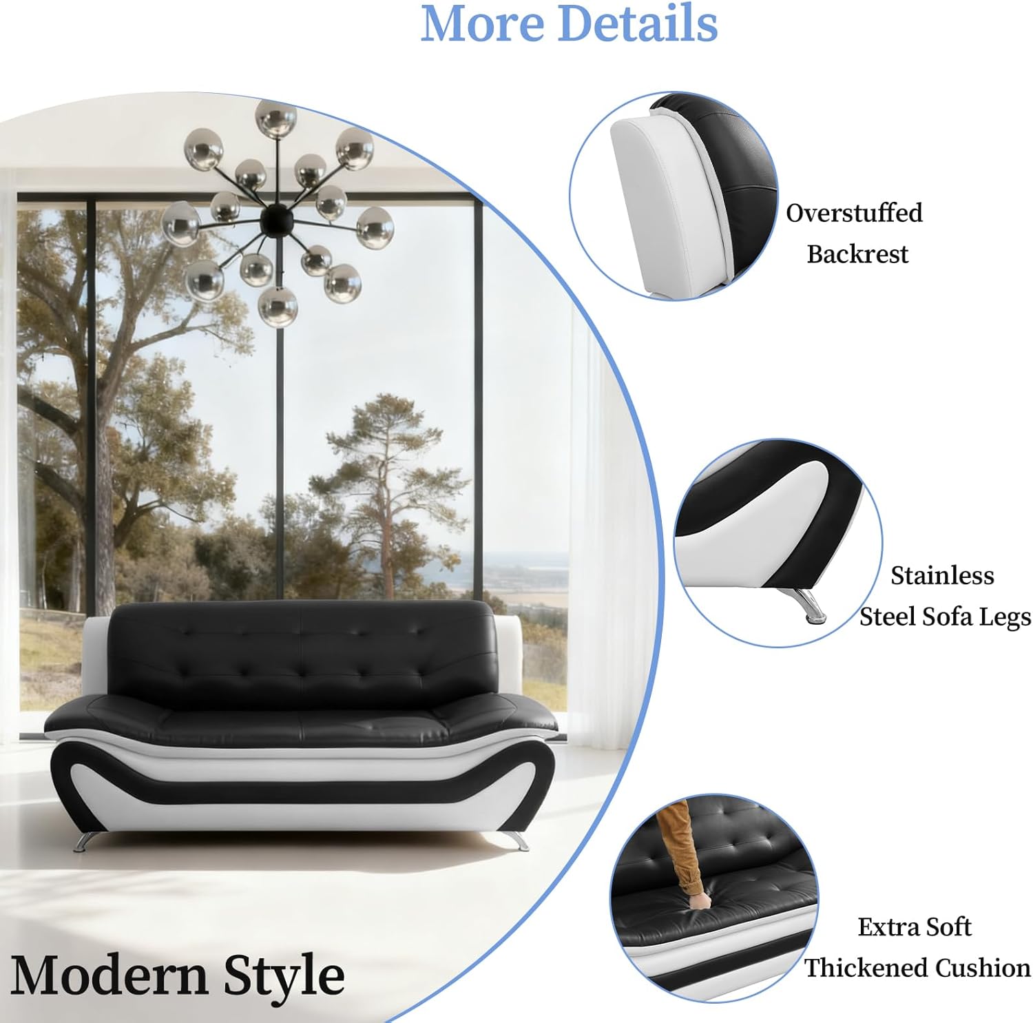 3PCS Sofa Set for Living Room, Modern Leather Couch with Chair, Loveseat & Sofa, 3 Pieces Living Room Furniture (Set, Black&White Leather)