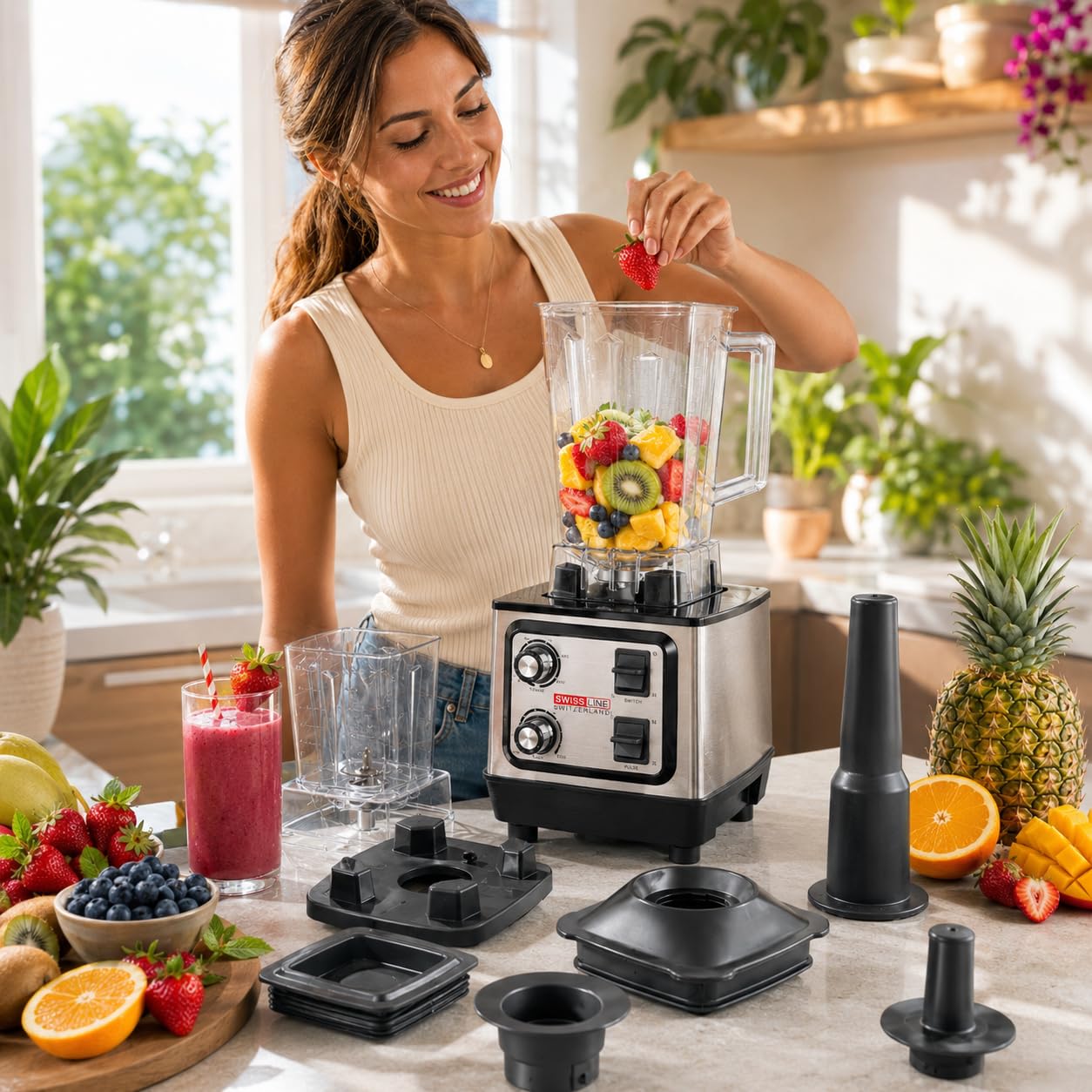 Swiss Line - Batidora profesional de 2,0 L, batidora multifunción con cuenco graduado, cuchillas inox, ajuste de velocidad y pulso, para batidos, salsas, purés, sopas frías y helado picado