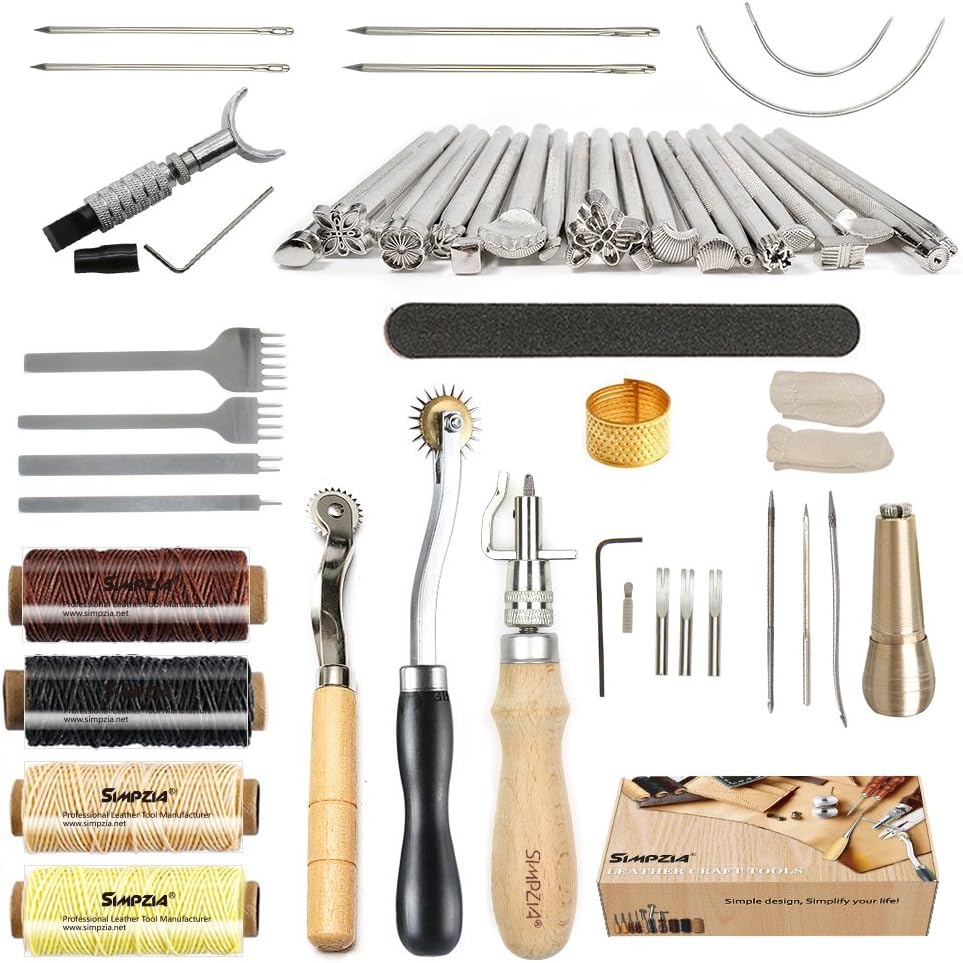 Leather Tools SIMPZIA 52 pcs Leather Kit with Stitching Groover, Prong Punch and Leather Working Saddle Making Stamps Tools Set for DIY Leathercraft