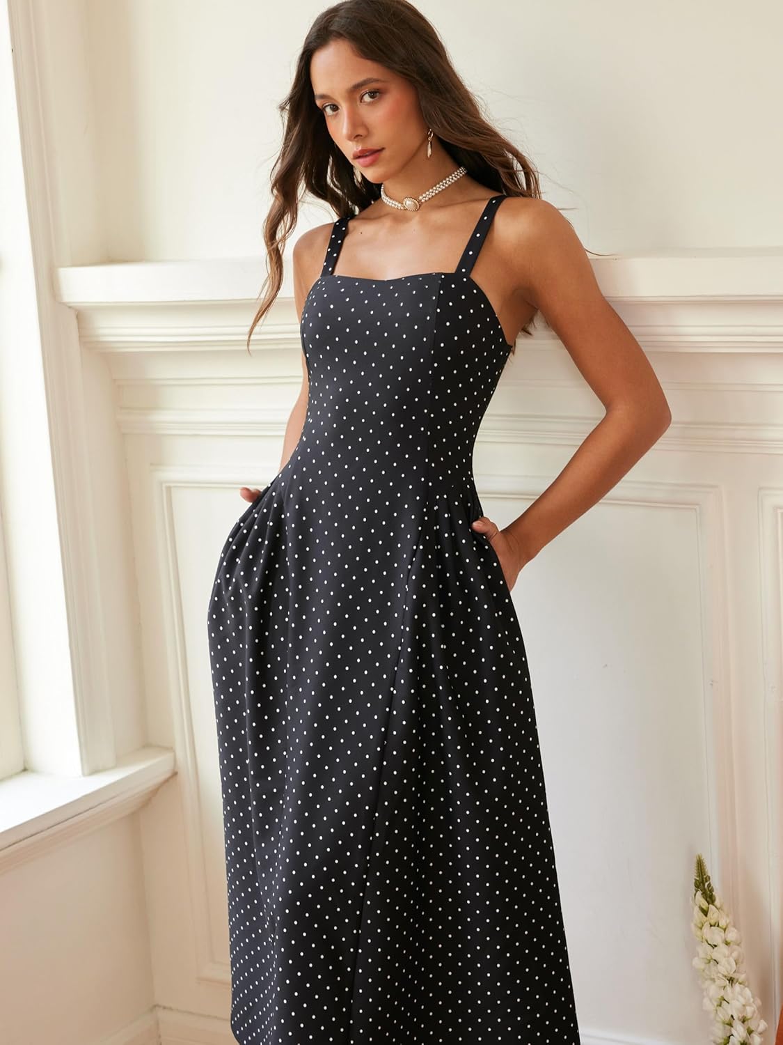 CIDER Womens Polka Dots Summer Casual Dresses Square Neck Sleeveless Midi A Line Elegant Dress - Image 6