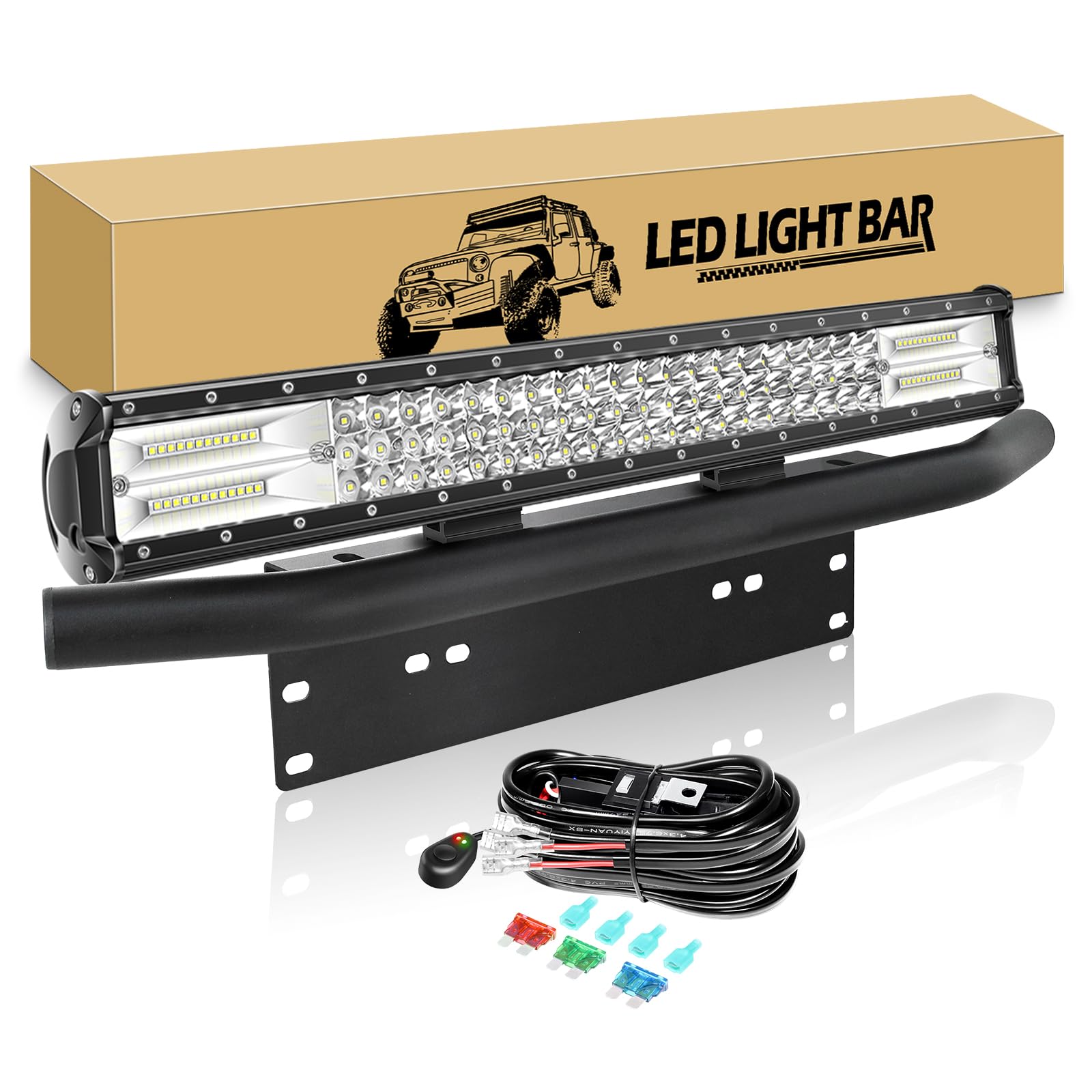 RIGIDON 23" 59cm 324W Impermeable Barra Led con 12V Arnés de Cableado, Soporte de Matrícula Coche Aluminio Número Placa, Triple Fila Barras de luz Led para 4x4 Off Road Camión Coche SUV