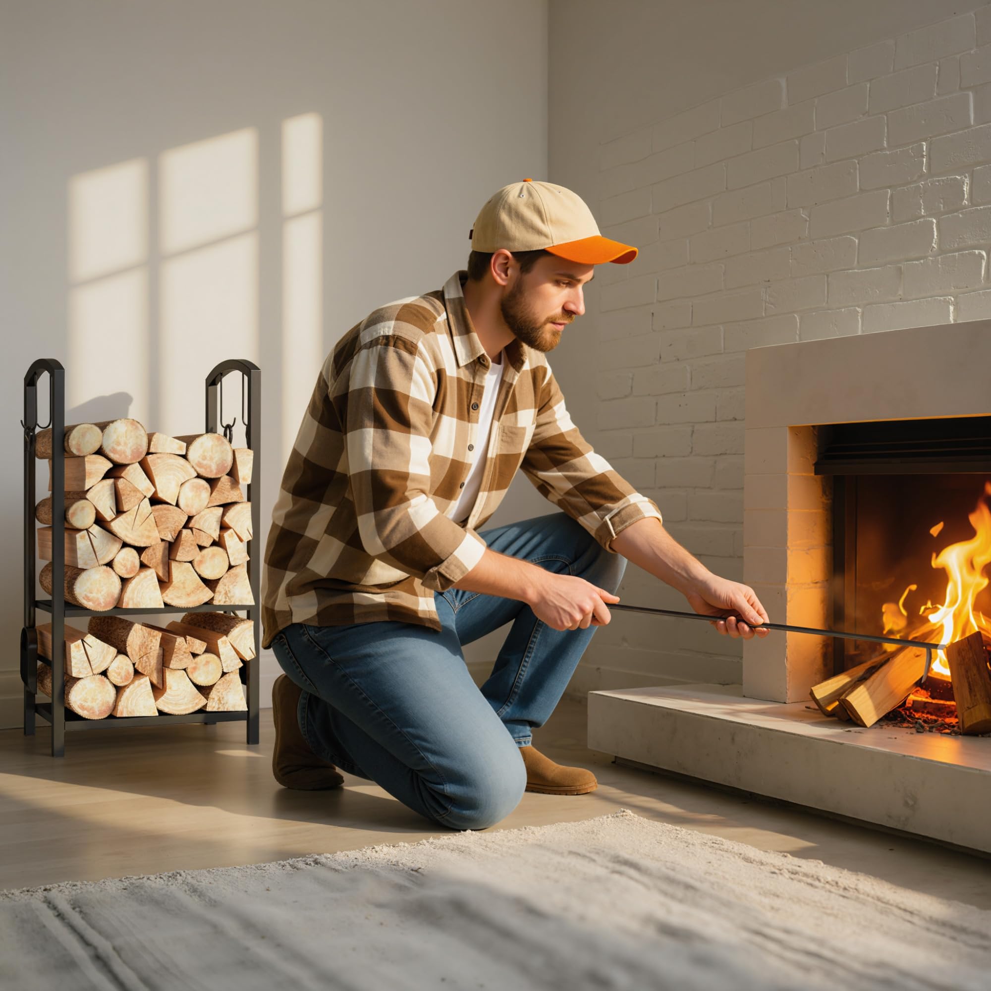 Outsunny Estante de Leña para chimenea Soporte para Leña de 2 Niveles Leñero Exterior e Interior Metálico con 4 Herramientas para Chimenea Carga Máx.100 kg 40x30x74,5 cm Negro