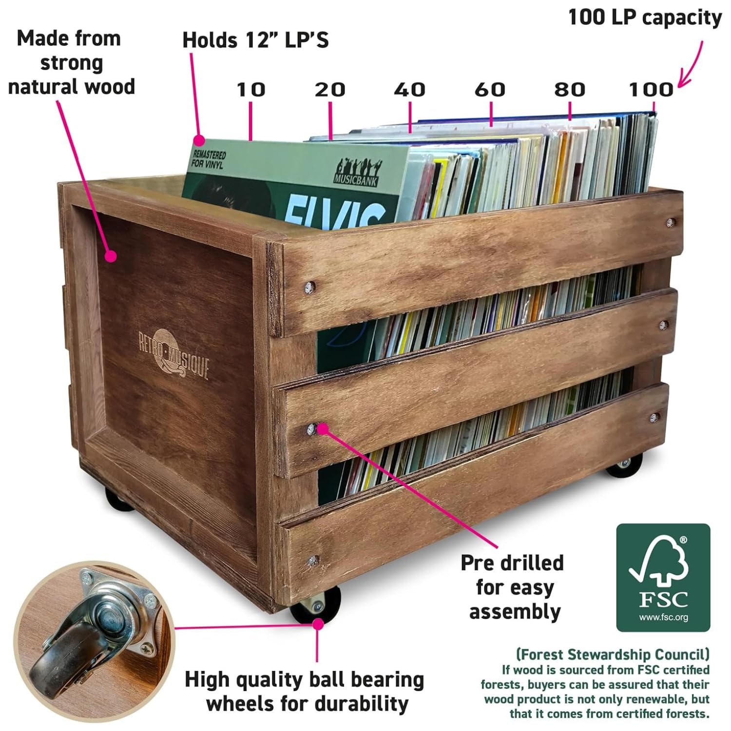 Aufbewahrungskiste für 12-Zoll-LP-Schallplatten aus Holz auf Rädern | Hält bis zu 100 Alben (in PVC-Hüllen) mit Sackleinen-Stoffhülle | Hergestellt aus starkem Naturholz