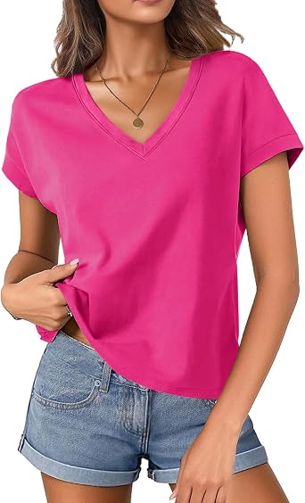 Womens Cotton V Neck Boxy Crop T Shirts Cap Sleeve Tops Loose Fit Tee Short Sleeves Summer Fashion