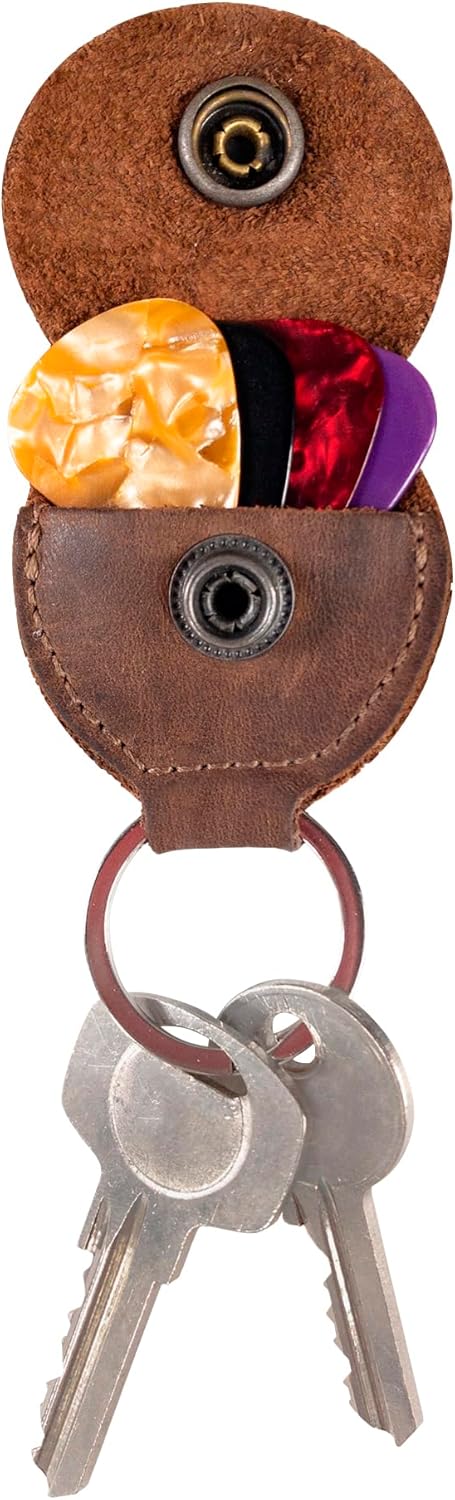 Hide & Drink, Guitar Pick Holder with Ring, Key Organizer, Keychain for Guitar Players, Full Grain Leather, Handmade, Bourbon Brown