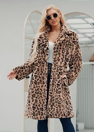 Long Leopard Suit Collar Faux Fur Coat, Leopard Print, XL | Women's, Casual, Autumn and Winter