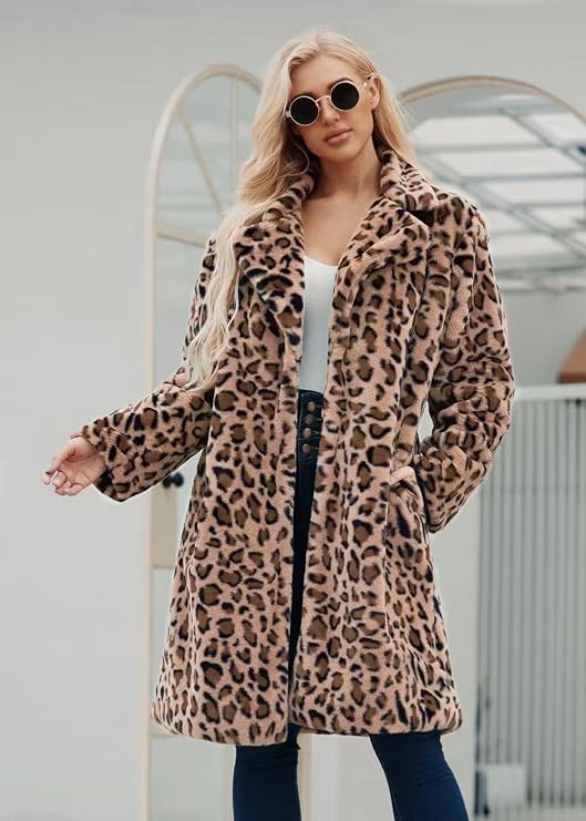 Long Leopard Suit Collar Faux Fur Coat, Leopard Print, XL | Women's, Casual, Autumn and Winter