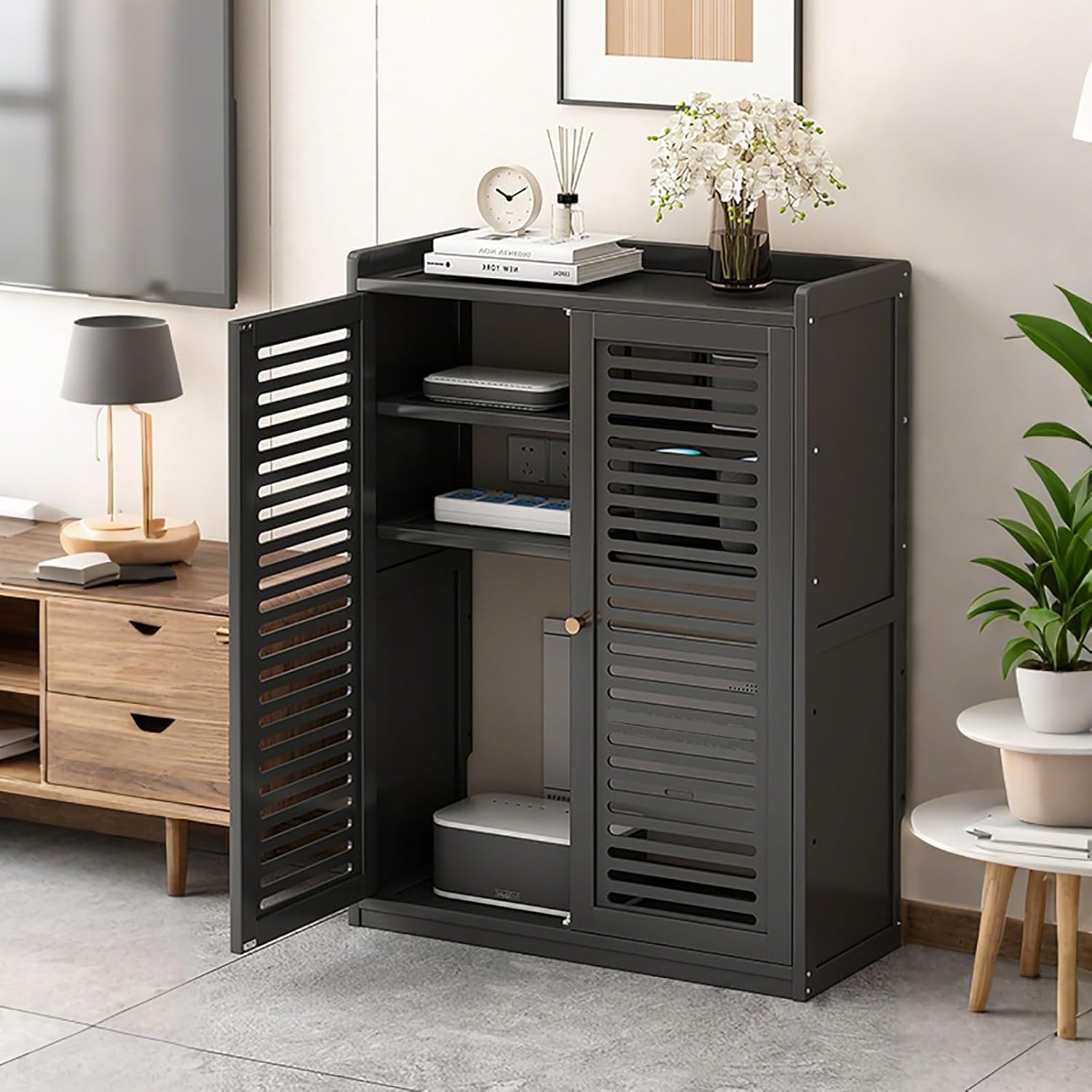 WiFi Router Hidden Box WiFi Router Storage Cabinet Made of Bamboo with A Perforated Breathable Design Adjustable Shelves and Ample Storage Space(White,59x25x82cm)