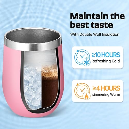 Miniatura 5 de Volhoply Vaso de vino de acero inoxidable de 12 onzas con tapa, paquete de 12 unidades, copas de vino sin tallo de doble pared al vacío, taza de