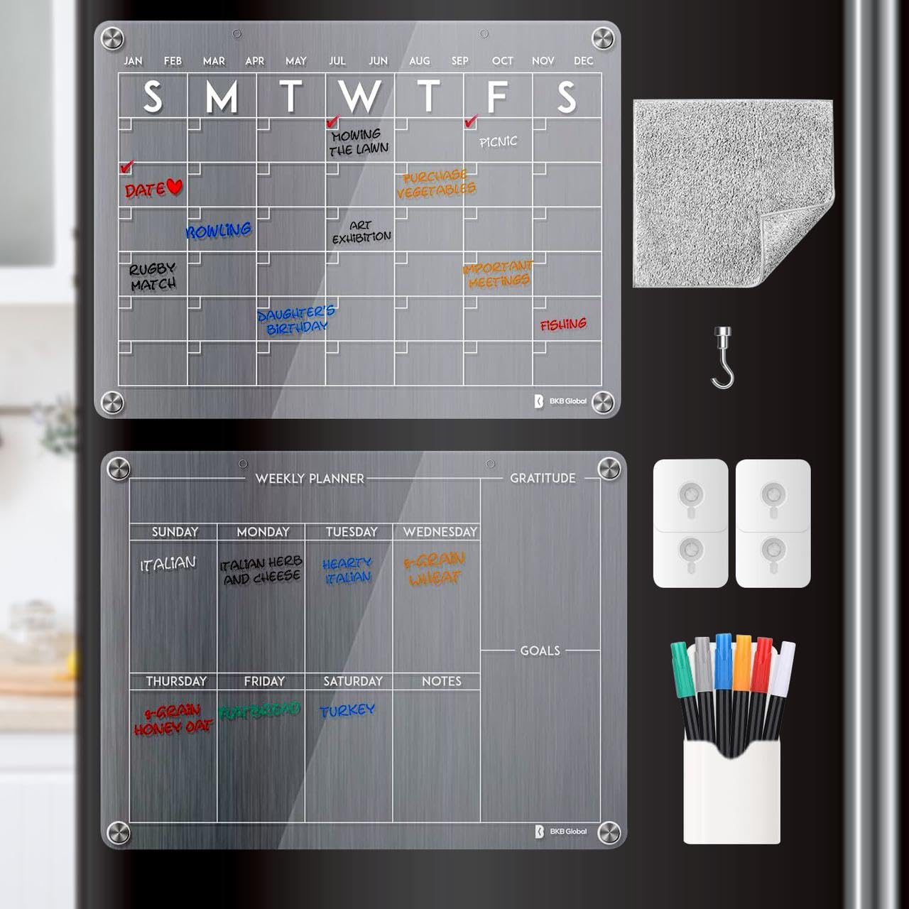 Acrylic Magnetic Calendar for Fridge (16"x12"), Set of 2 Monthly & Weekly Dry Erase Planning Menu Boards Set with 6 Colorful Highlight Markers, Magnetic Pen Holder & Erase Towel | Clear Meal Planner