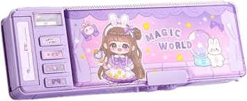 Pencil Case Double Sided Elementary School Pencil Case School Stationery Storage Box Pen Case Plastic Pen Bag Large Capacity Stationery Storage Double Stationery Box Pop Up Multifunctional Pencil Case for Girls and Boys Cartoon Pen Box Organizer Double Layer Password Purple