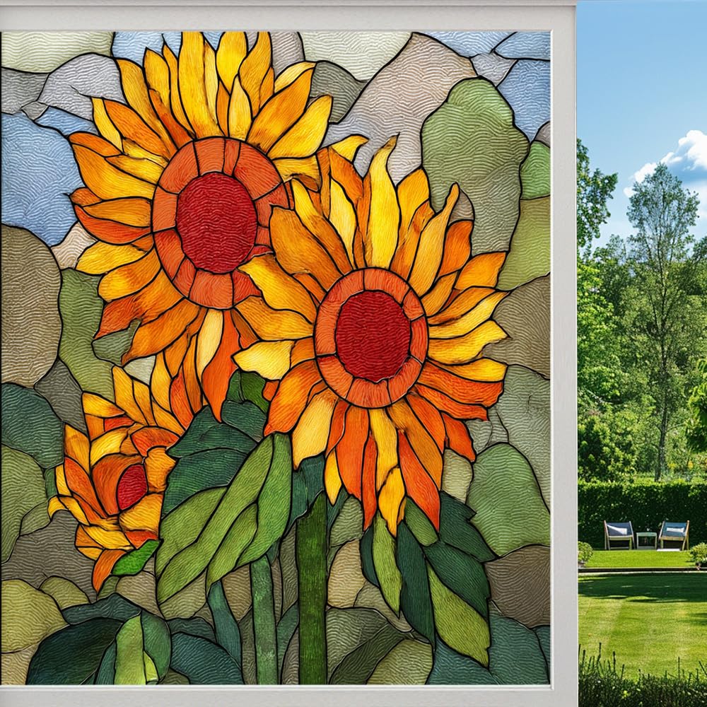 Colorful Flowers Leaves Frosted Window Film, Natural Sunflowers Bouquet Stained Glass Privacy Film, Heat Insulation Self-Adhesive Vinyl for Bathroom Office, （45x60cm）