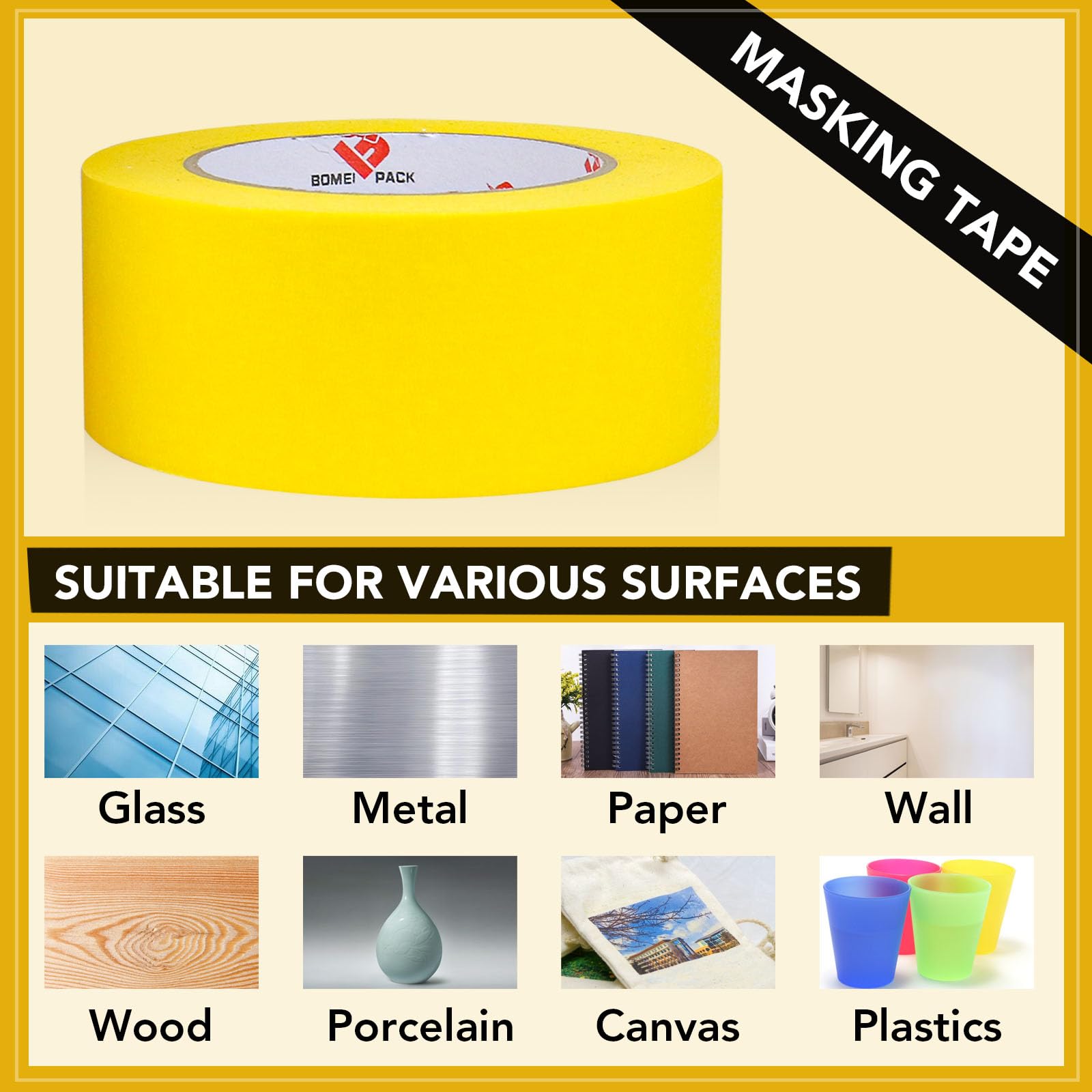 BOMEI PACK 10 rotoli di nastro adesivo per pittori da 5,1 cm, 5 cm x 50 m, per pittura murale per uso generico, miglioramento della casa (giallo)