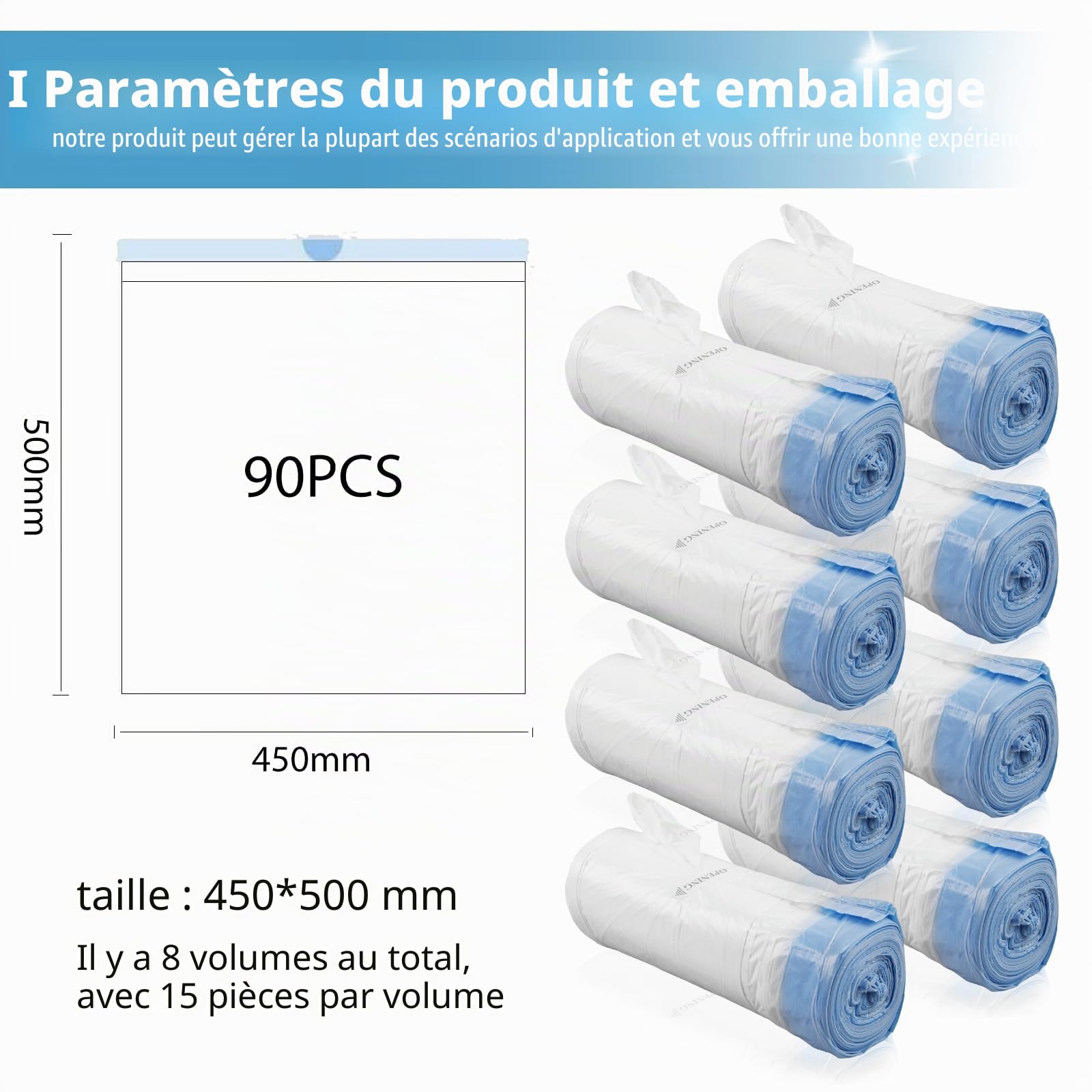 Sporgo Lot de 160 sacs poubelle avec poignée de transport : sacs à litière pour chat autonettoyants avec cordons de serrage, sac à litière pour chat, recharge pour litière pour chat, 8 rouleaux
