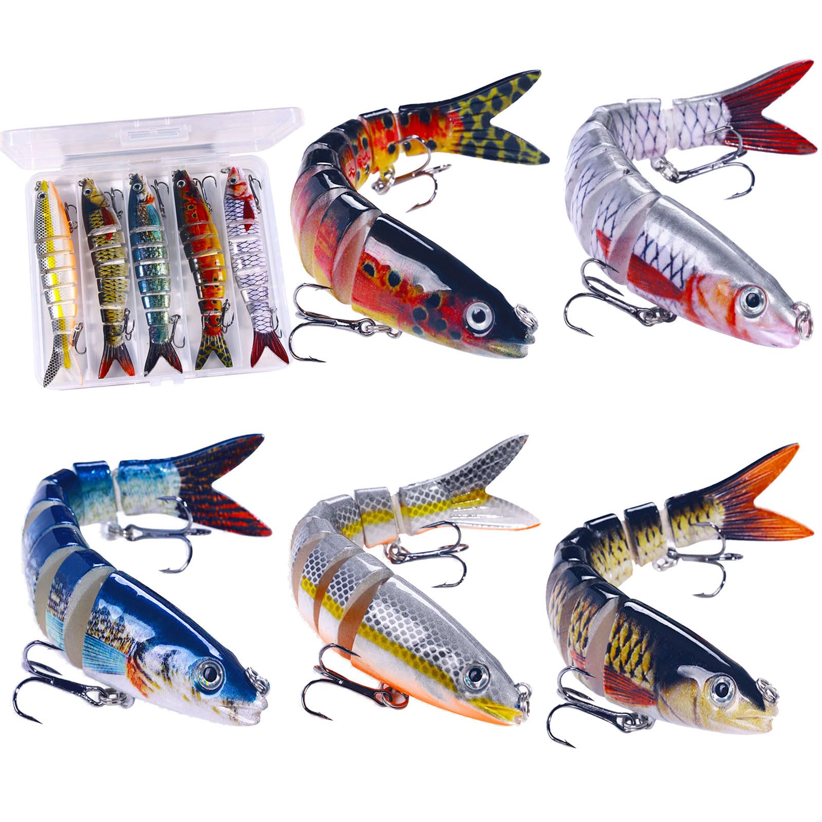 Fishing Lures Pike and Perch 5PCS Fishing Lures for Bass Trout Pikes Fish Lure Lifelike Pike Swimbait for Freshwater and Saltwater Multi Jointed Segmented Trout Bait with Hooks Slow Sinking (A)