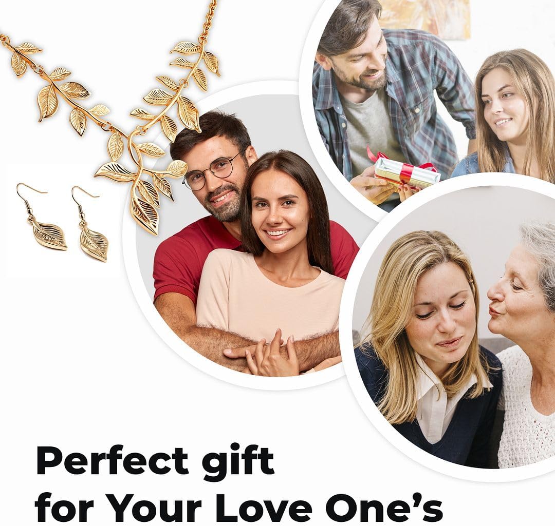 ION Plated Gold Necklace Set - Gold Leaf Necklace and Earrings Set - Floral Flower Costume Jewelry for Women Wedding Birthday - Anniversary Christmas Gifts for Women - 22 Inches
