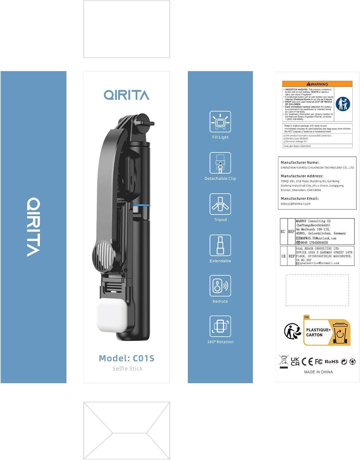 Image showing the compact, folded size of the selfie stick tripod being placed into a bag, illustrating its portability.