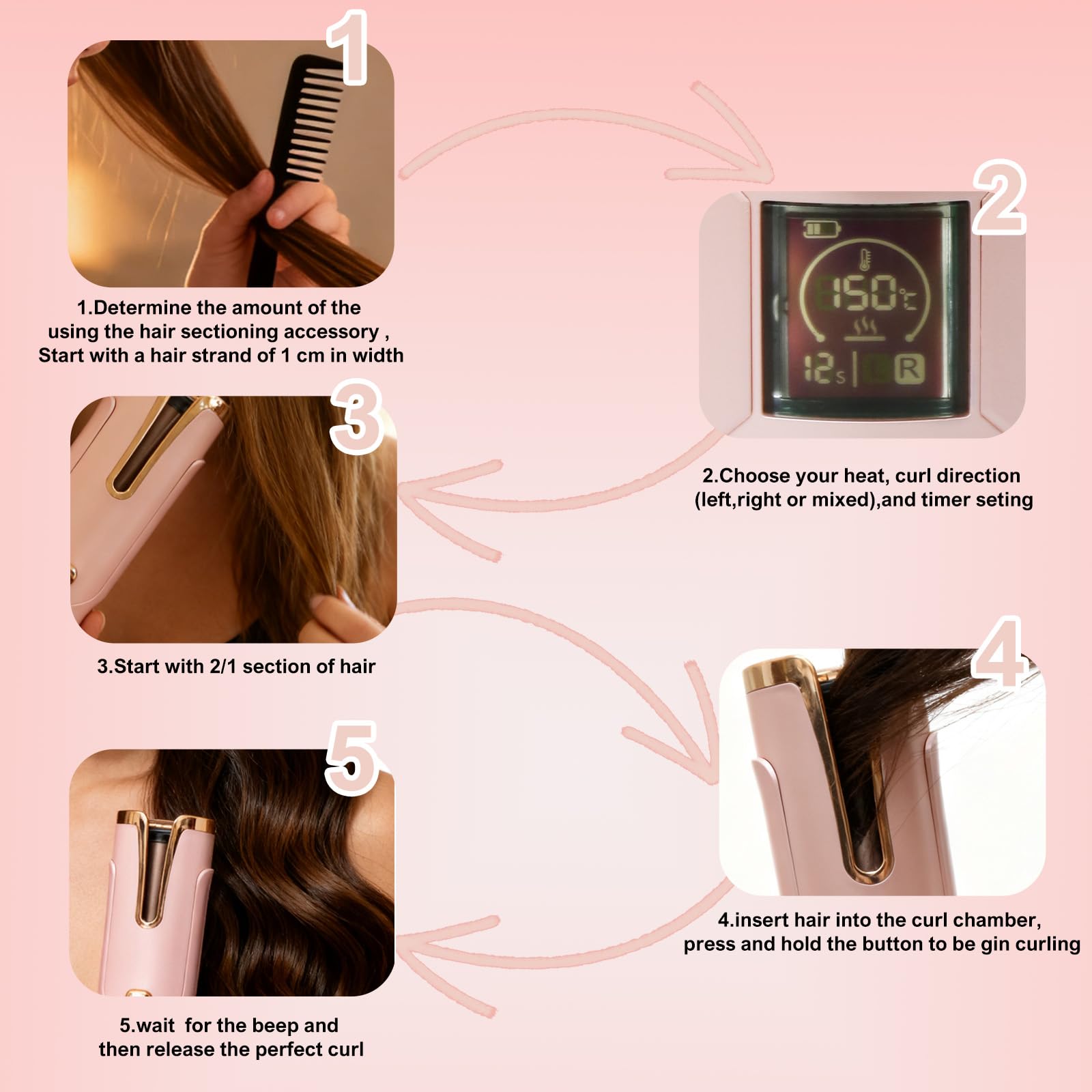 Boucleur a Cheveux Automatique Fer à boucler Sans Fil Type‑C Rechargeable 20mm pour femme(cheveux courts/longs), batterie haute capacité 5200 mAh, 6 niveaux de température (150‑200 °C)