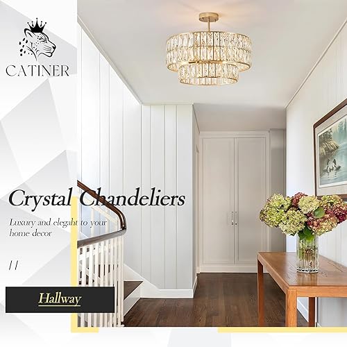 Miniatura 9 de Candelabro moderno de cristal dorado de 20 pulgadas, lámpara de techo semiempotrada de lujo, 6 luces, lámpara colgante de cristal redondo para