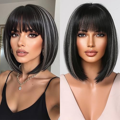 Allbell Peluca negra estilo Bob para mujeres negras, peluca corta y lacia con flequillo, pelucas de cabello negro de 14 pulgadas con reflejos