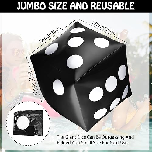 Miniatura 9 de Paquete de 3 dados inflables gigantes gigantes, dados inflables grandes para juegos en la piscina, juguetes para fiestas (negro, 20 pulgadas)