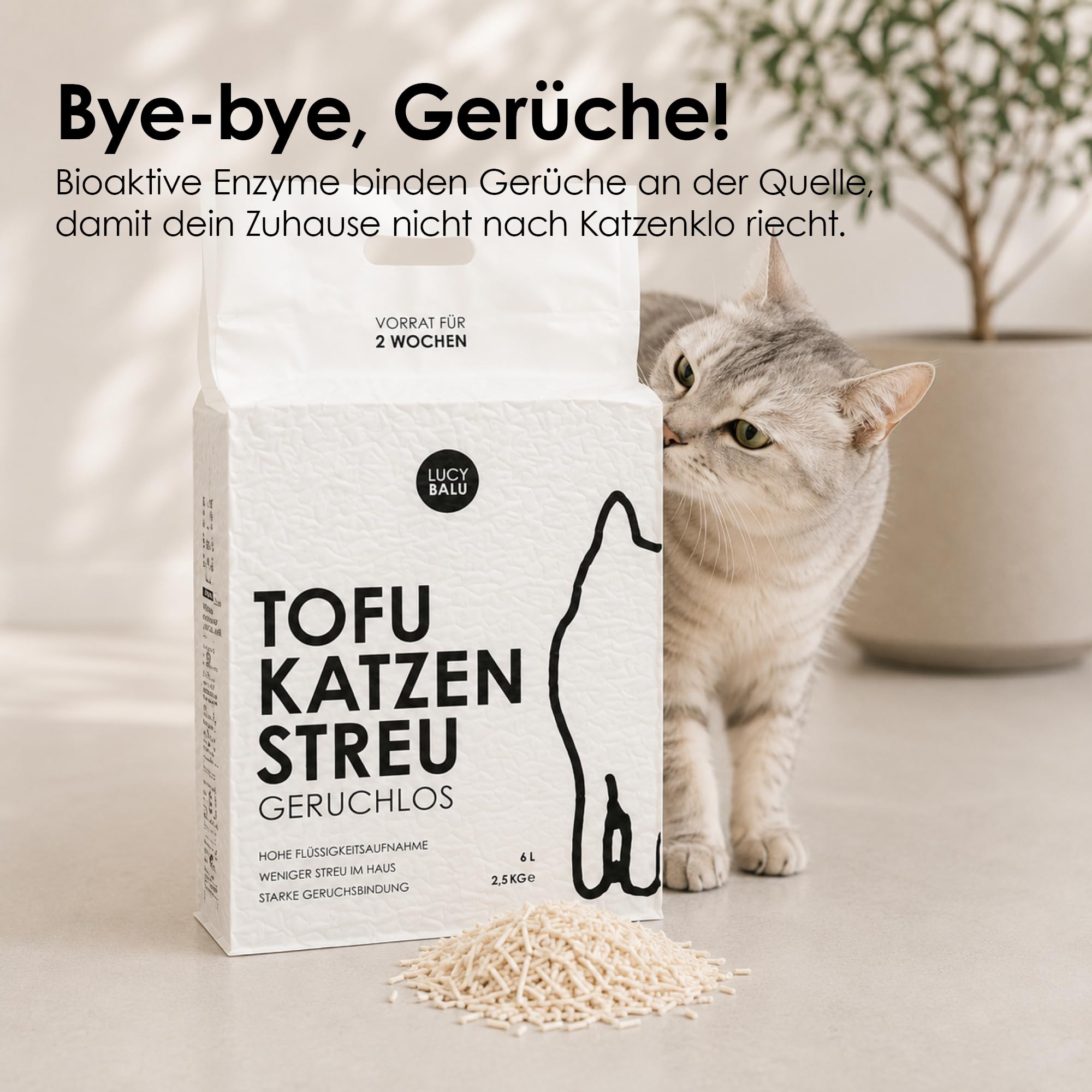 LucyBalu® TOFU Katzenstreu klumpend, staubarm, spülbar – Lavendel | Pflanzliche Streu, biologisch abbaubar, kein Streu im Haus, toilettenspülbar