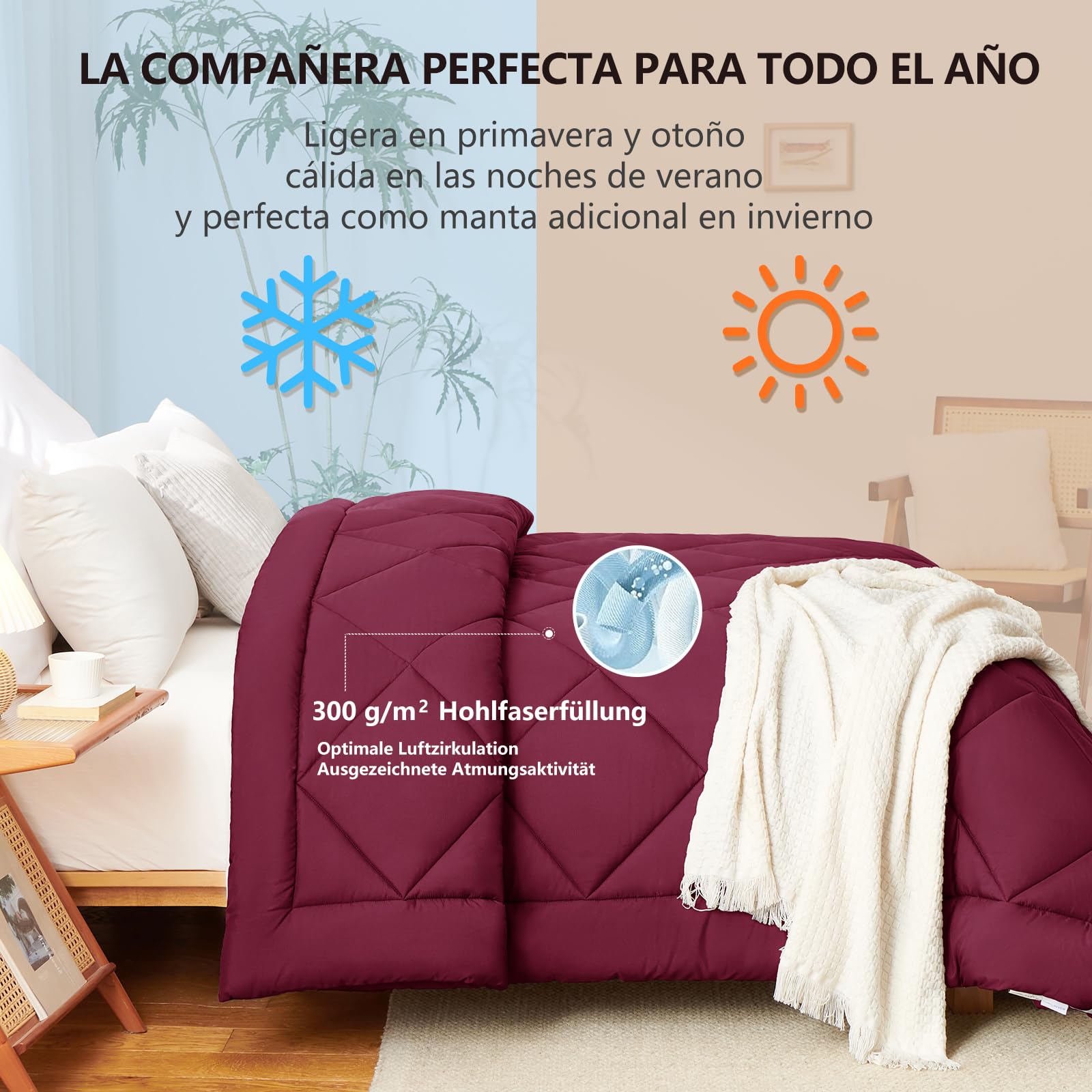 WAVVE Piumino Letto Matrimoniale 4 Stagioni 220x240 - Piumone Autunnale Invernale 220 x 240 cm - Coperta Trapunta 240x220 di Microfibra Sintetico, Bordeaux