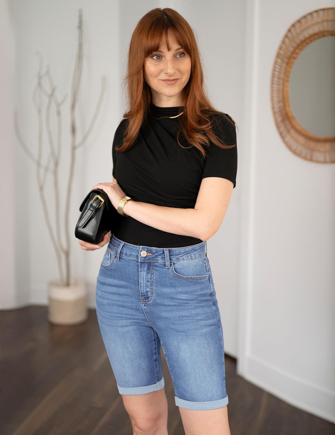 luvamia Bermuda Jean Shorts for Women Knee Length High Waisted Trendy Cuffed Hem Long Stretchy Denim Shorts Summer Jorts - Image 6