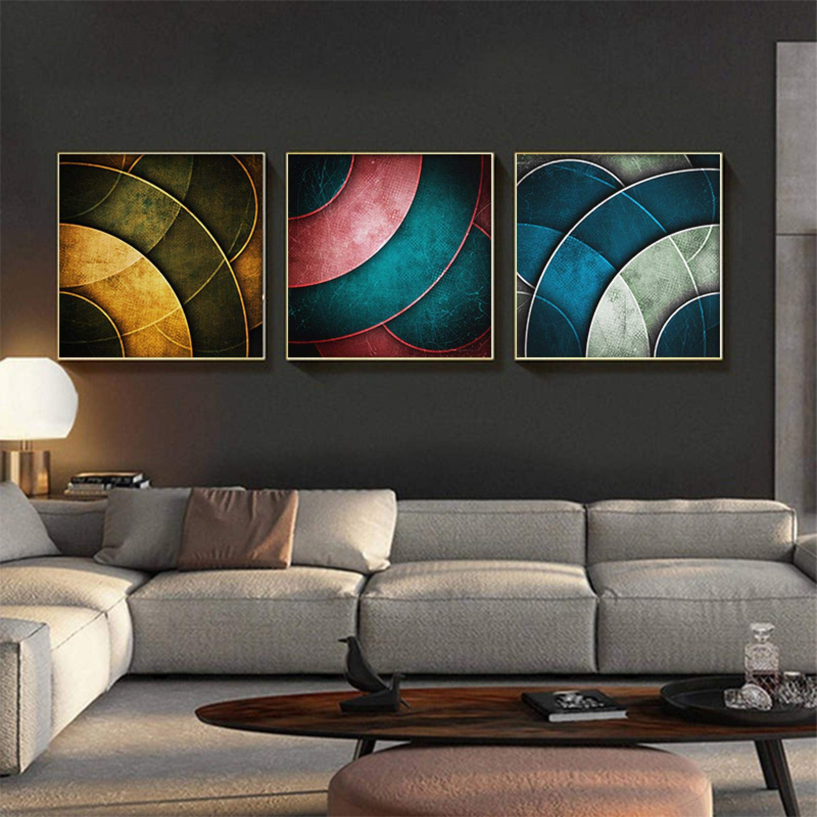 Tableau abstrait coloré pour salon moderne triptyque de toiles murales 70x70cm de chambre