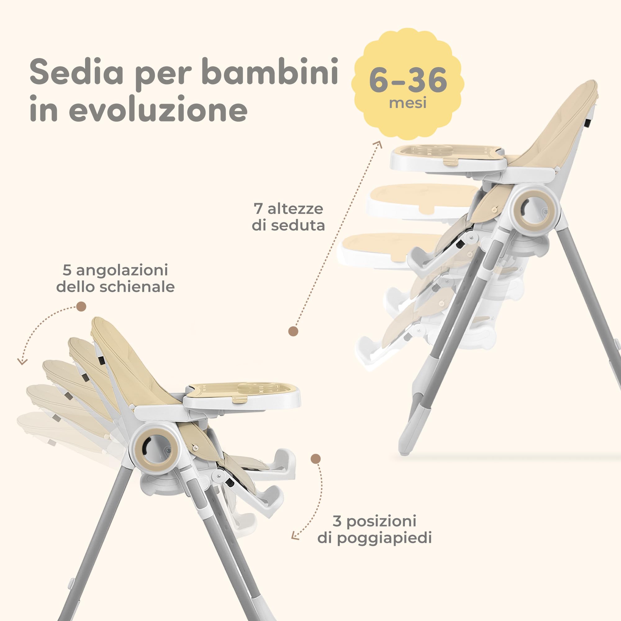 Seggiolone Pappa Regolabile e Pieghevole - 7 Livelli Diverse, Schienale Bambino Pieghevole 5 Posizioni, Ripiano Smontabile, Vassoio a Clip (Facile da Pulire) - Beige