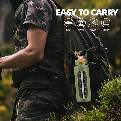 Miniatura 5 de chunmo Bolttles de agua de vidrio de 32 onzas con pajilla, botella de agua motivacional grande con marcador de tiempo, botellas de agua deportivas